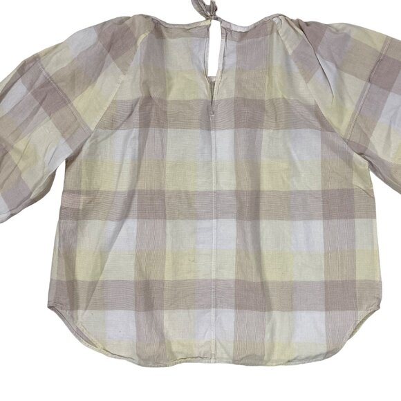 EVERLANE The Ruched Air Peasant Toffee Plaid Balloon sleeve Blouse Women's Sz 12 - Picture 5 of 10